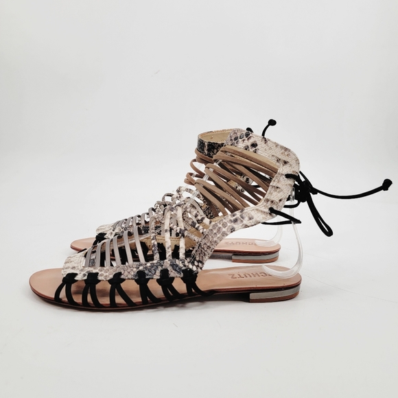 Schutz Leather Gladiator Sandals Womens 8 Snake Neutral Tan Black Gray Strappy - Picture 1 of 16